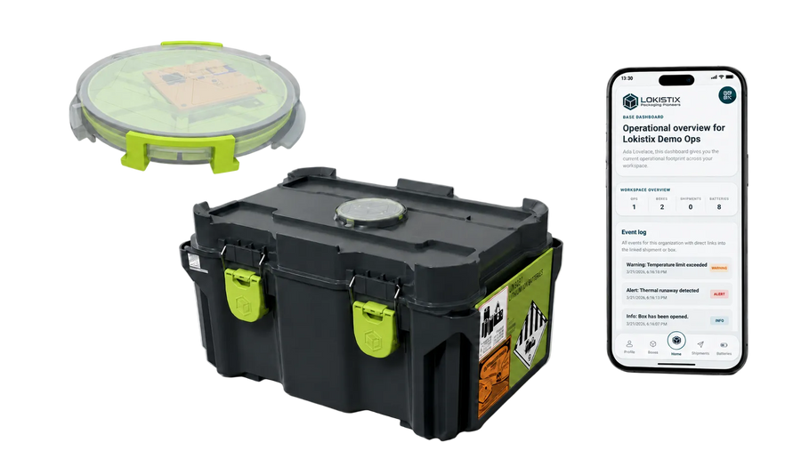 A standardized, configurable dangerous goods ADR box with an integrated, box-native sensor module for condition monitoring and an app, displaying events, alerts and warnings.